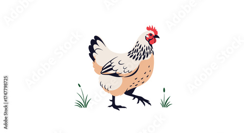 A lone chicken walks across the field with grass and twigs around it.