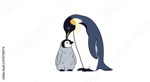 A heartwarming scene of an adult penguin feeding its fluffy chick in the Antarctic wilderness.