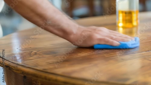 Hand cleans a polished wooden table surface with a cleaning cloth.