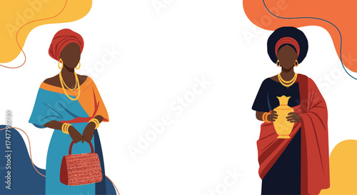 Two elegantly dressed women in traditional African attire showcasing cultural heritage and vibrant fashion.
