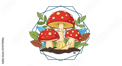Enchanting woodland scene with three vibrant toadstool mushrooms surrounded by lush foliage and a geometric frame.