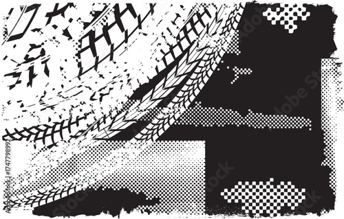 Vector Print Textured Tire Track border frame. Design Element . Car tread silhouette . Mud splash grunge texture. Drift show
