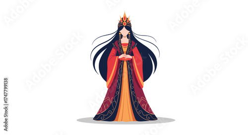 A regal woman in a flowing gown and crown stands with hands clasped in prayer.