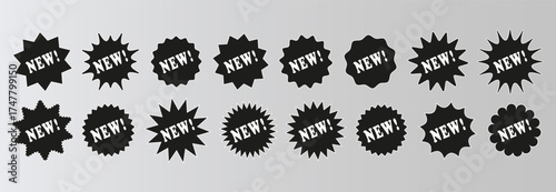 New starburst black price stickers. Callout star shapes. Product tag labels. Discount promo boxes, stamps. Circle splash badges. Set of star bursts isolated on white background. Vector illustration