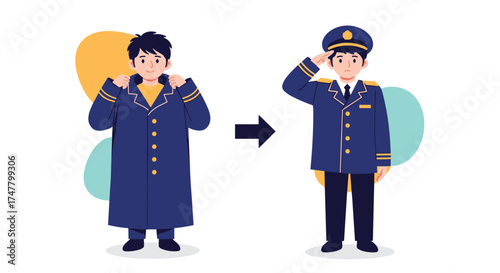 A man transforms from wearing a uniform coat to a decorated pilot's uniform.