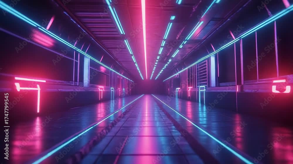 Cyberpunk tunnel with glowing neon light streaks