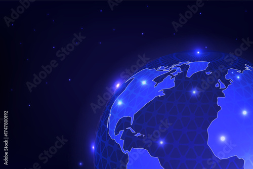 Glowing blue digital Earth with network nodes and connections, symbolizing global technology