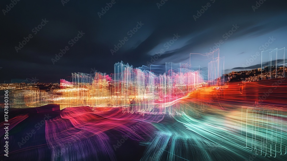 Naklejka premium Vibrant cityscape streaks across the night sky with dynamic light trails creating an energetic urban pulse