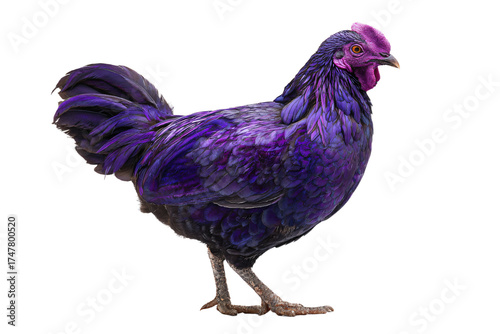 A unique and vibrant purple chicken standing isolated.