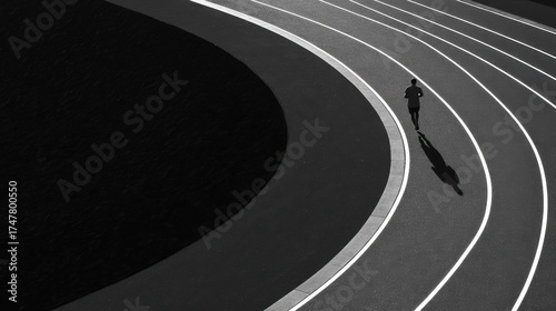 Runner on Track in Black and White Curved Perspective View