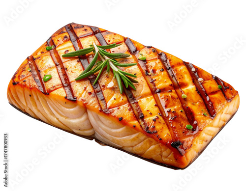 Grilled Fish Fillet with Grill Marks, Front Top View, Isolated on Transparent Background 