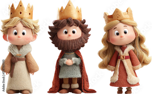 Cute cartoon king, queen, and wise man nativity characters with gentle expressions