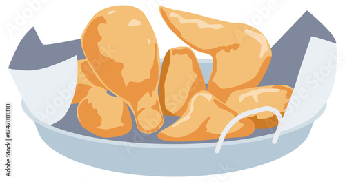 Vector illustration of Korean fried chicken basket with crispy golden pieces, popular Korean snack and street food.