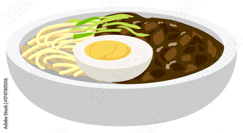 Korean jjajangmyeon vector illustration showing black bean sauce noodles with egg and vegetables, popular Korean dish.