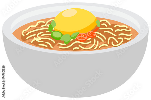 Korean ramen vector illustration showing noodles in spicy broth with egg and vegetables, delicious instant noodle dish design.