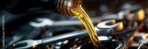 Extreme closeup. Pouring motor oil for motor vehicles from a black bottle into the car engine with wrenches nearby. Oil change, auto repair shop, service, automotive maintenance concept. Generative Ai