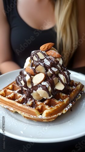 Delicious waffle with chocolate, almonds and sugar on a plate.