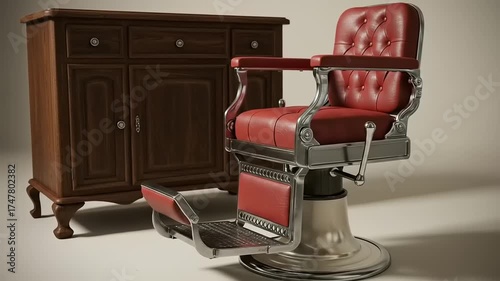 Vintage barber chair and wooden cabinet setup