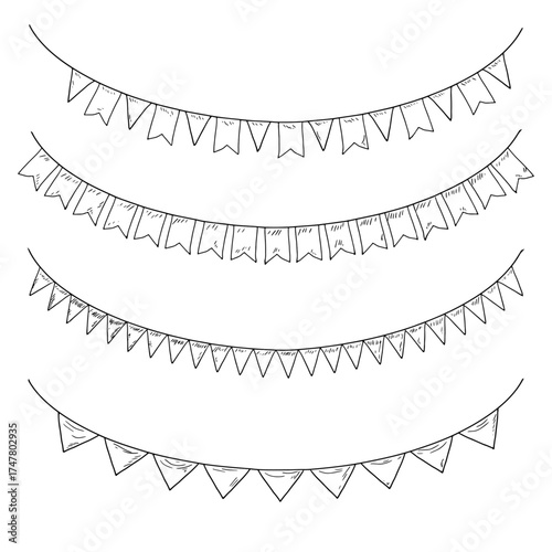Garland of flags of different shapes, black and white sketch. Vector illustration. Festive garland, set of silhouettes, isolated on a white background. Birthday, Christmas, New Year and holidays theme