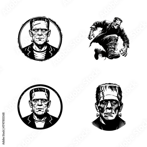 Frankenstein Character Illustrations Set, Black and White