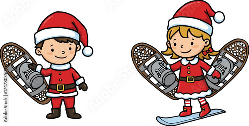 Cartoon Santa boy, cartoon Santa girl, festive Christmas costume, winter sports snowboard, holiday snowshoe fun, cheerful children illustration, seasonal celebration, joyful holiday characters