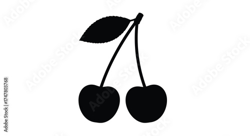 Simple silhouette of two cherries connected by stems and a leaf silhouette silhouette