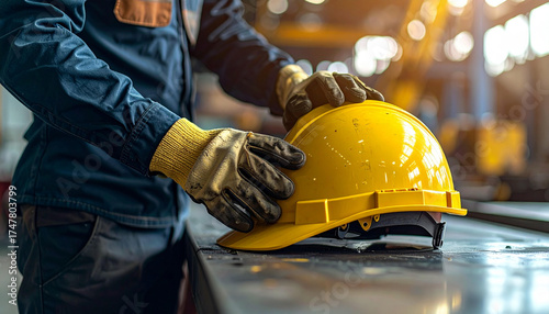 Worker holding a yellow hard hat, ready to begin a shift on a construction site or industrial setting