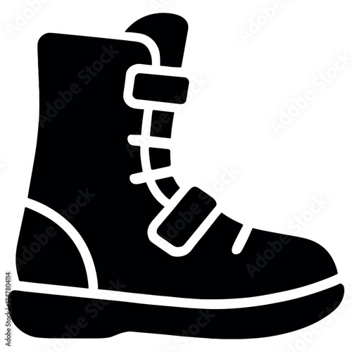 Black silhouette of rugged hiking boot with strap and laces design