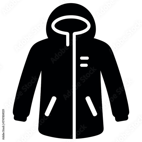 Black hooded jacket with front zipper and pockets illustration