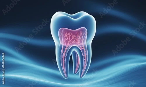 Tooth anatomy displayed with pulp and roots on a blue background animation