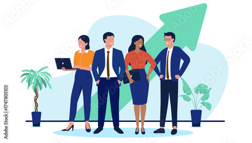 Successful business team of professional people stands together, with a large rising green arrow behind them symbolising growth and progress in a flat design vector illustration