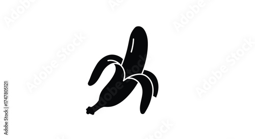 Bold black silhouette of a peeled banana symbolizing healthy eating and tropical fruit silhouette