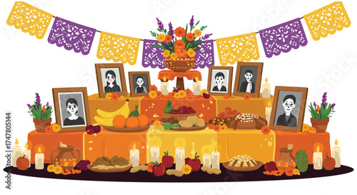 Colorful Day of the Dead Altar with Offerings and Candles – Traditional Día de los Muertos Celebration