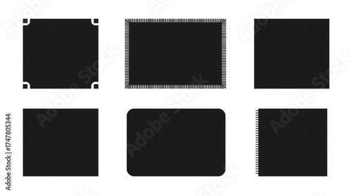 Set of Black Rectangles and Squares on White Background – Minimalist Geometric Vector Design with Rounded and Sharp Corner Shapes