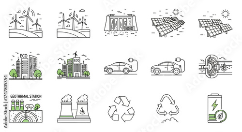 A collection of line art icons depicting various sustainable energy sources, environmental concepts, and modern green technologies.