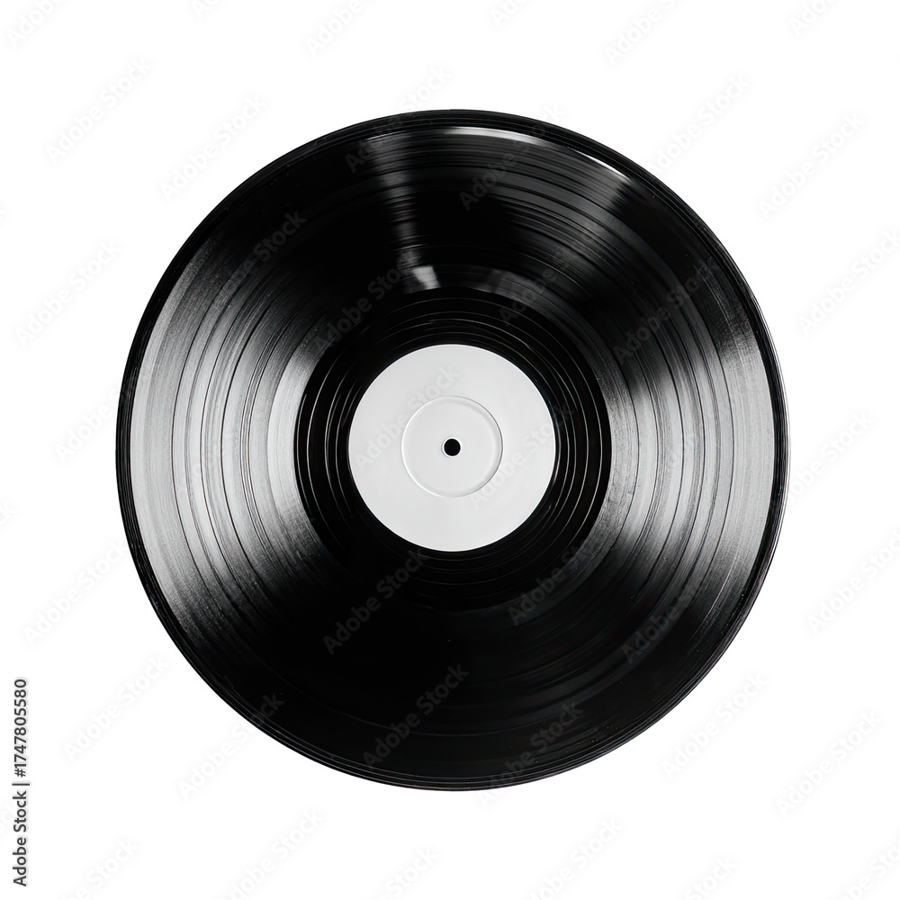 Obraz premium A pristine black vinyl record with a blank white label, centered and sharply focused against a pure black background