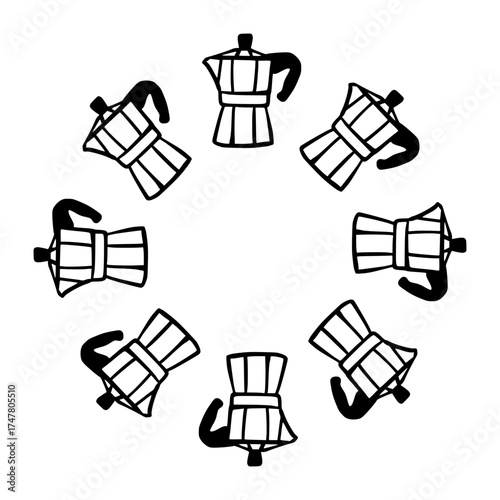 Classic moka pot round frame. Circular frame of espresso maker for coffee lovers, barista designs and kitchen illustrations.