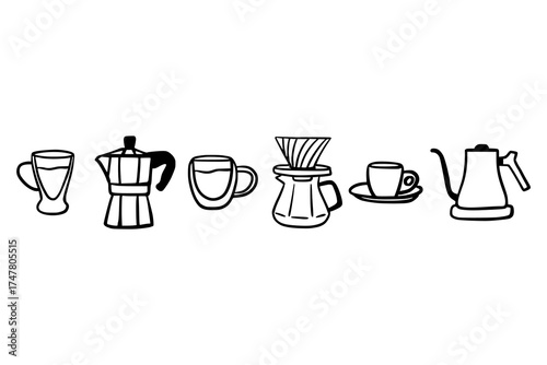 Set of black line coffee icons. Includes moka pot, pour-over coffee maker, gooseneck kettle, glass cup, latte glass, and espresso cup. Hand-drawn style for cafe, barista and coffee shop design