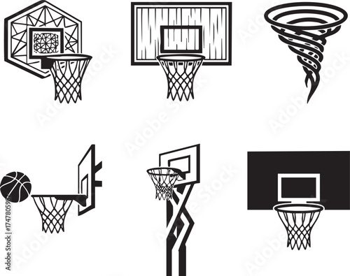 Collection of Basketball Hoops and Basketball Silhouettes