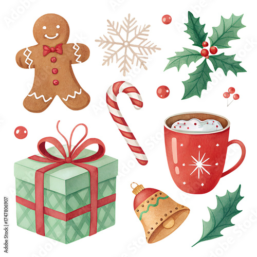 Watercolor Christmas elements set – festive isolated PNG pack