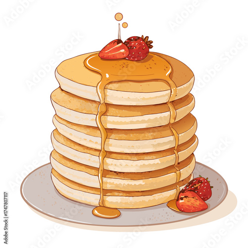 Hand-Drawn Stack of Pancakes with Syrup Drizzle and Fresh Strawberries