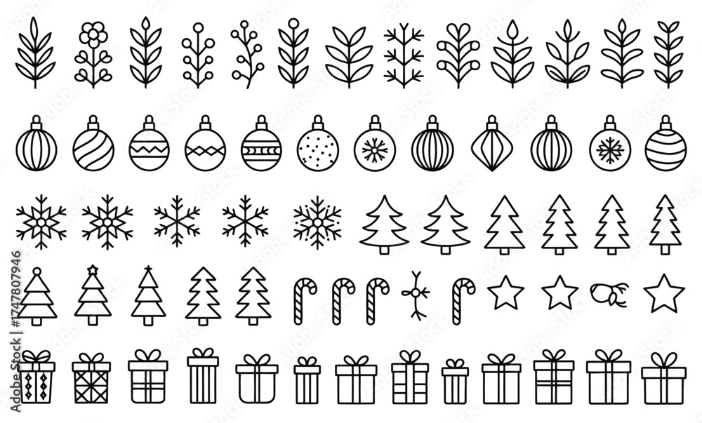Fototapeta premium Hand drawn set of Christmas doodle elements including snowflakes, gift boxes, and festive branches