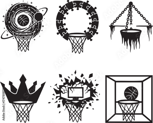 Creative basketball hoop icon set in black and white