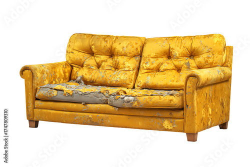 Old dilapidated yellow sofa with torn upholstery isolated.