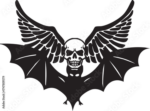 Gothic Winged Skull Vector Silhouette: Bat and Angel Wings Emblem.