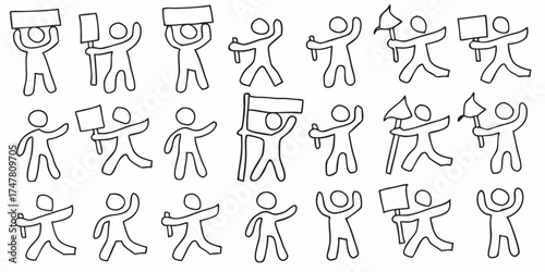 Collection of simple outline stick figure people holding signs banners flags and raising arms in protest or celebration