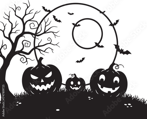 : Spooky Halloween Night Scene Vector Silhouette: Jack-o'-lanterns, Bare Tree, Full Moon, and Bats.