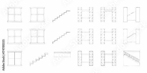 Architectural elements and building components in a hand drawn sketch style for design and construction planning
