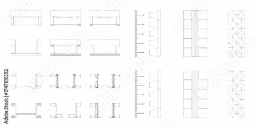 Architectural sketches and design elements including furniture wall panels and decorative patterns
