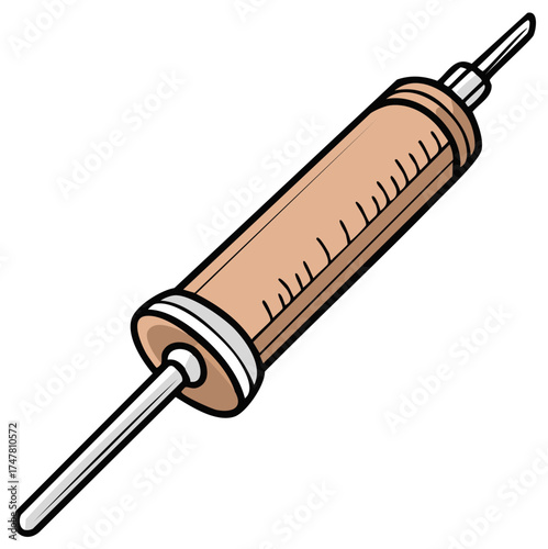 Cartoon illustration of a beige syringe or dispenser with measurement markings
